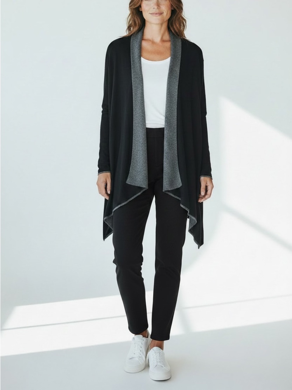 Romeo & Juliet Couture Black Draped Cardigan with Gray Trim